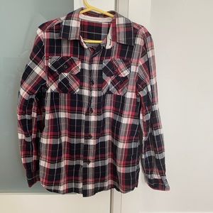 Red, black and white plaid button up collard shirt